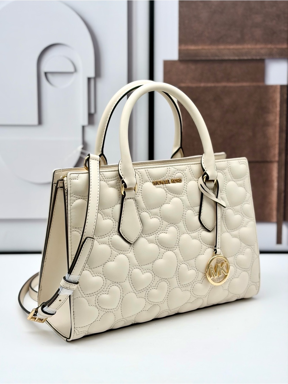 Michael Kors Cream Quilted Heart Leather Satchel with MK Charm